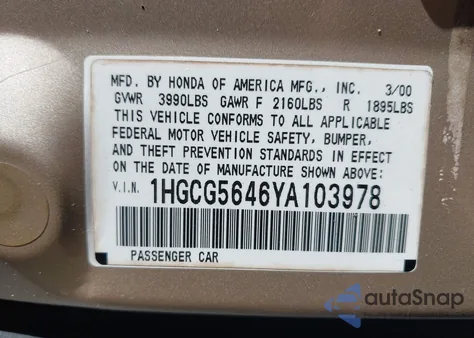 2000 Honda Accord 2.3 Lx z USA, uszkodzony, nr VIN 1HGCG5646YA103978